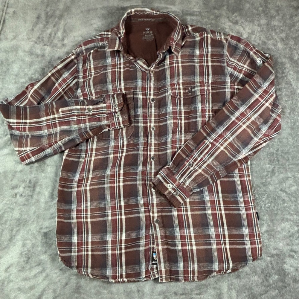 Kuhl Mens Brown Red Plaid Long Sleeve Button Down Shirt Medium Cotton Blend